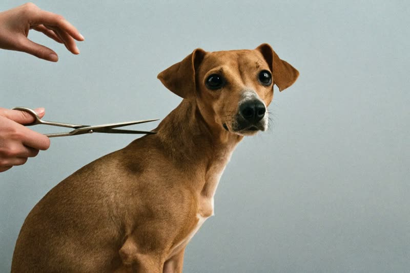 Hands trimming a small dog's coat with grooming scissors